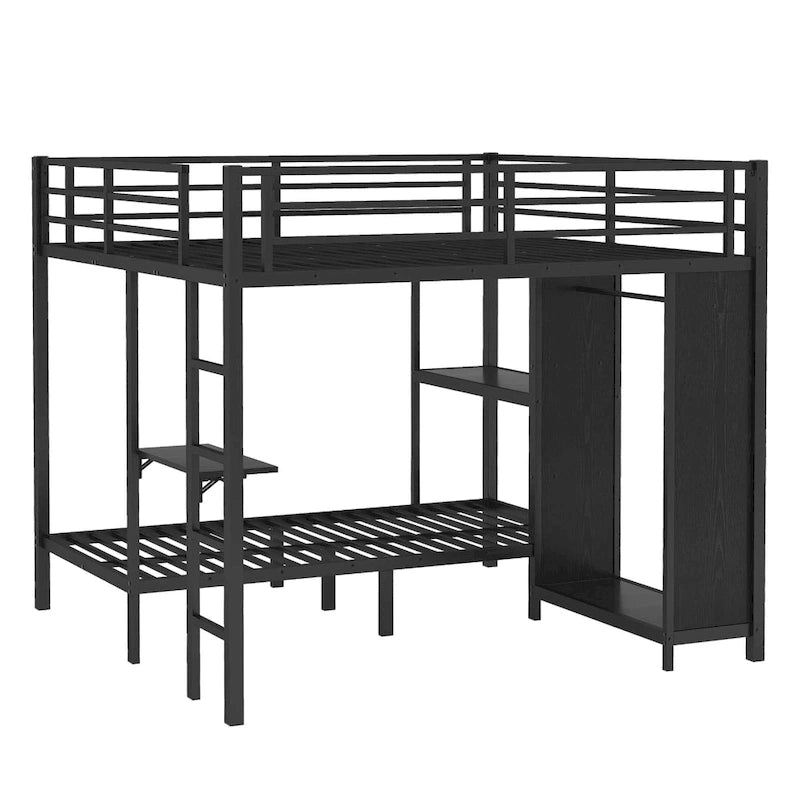 King over Twin XL Size Bunk Bed Frame with Built-in Wardrobe, Metal Bunk Bed with Foldable Desk and, Black