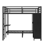 King over Twin XL Size Bunk Bed Frame with Built-in Wardrobe, Metal Bunk Bed with Foldable Desk and, Black