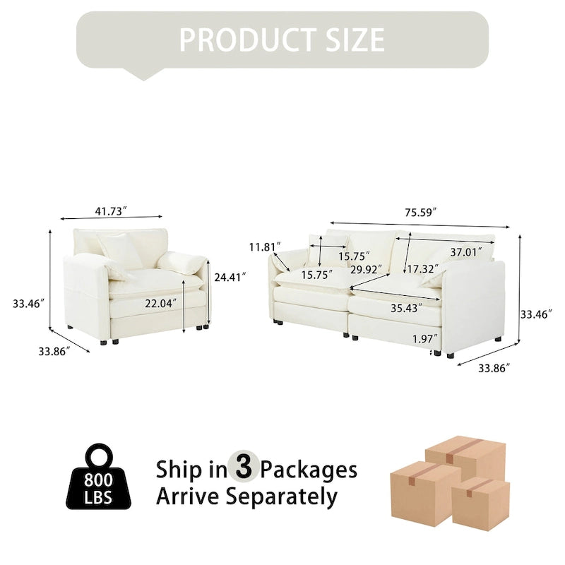 3-Piece Chenille Cloud Sofa & Armchair Set with Deep Seats & 3 Pillows