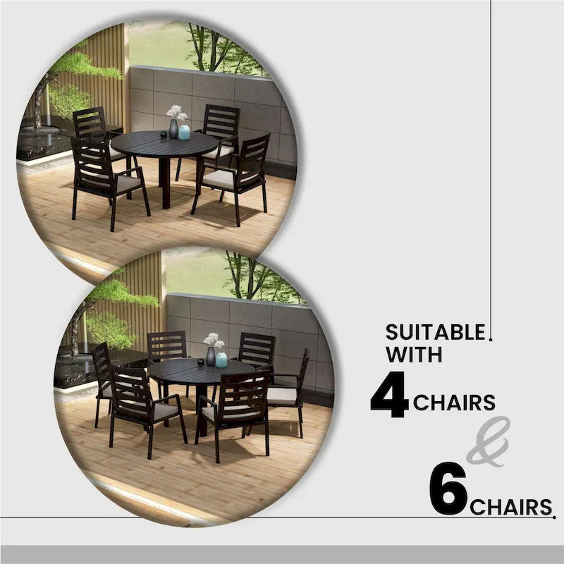 Round Dining Table Powder-Coated Aluminum Top with Slatted Design and Umbrella Hole for Family Gatherings & Parties