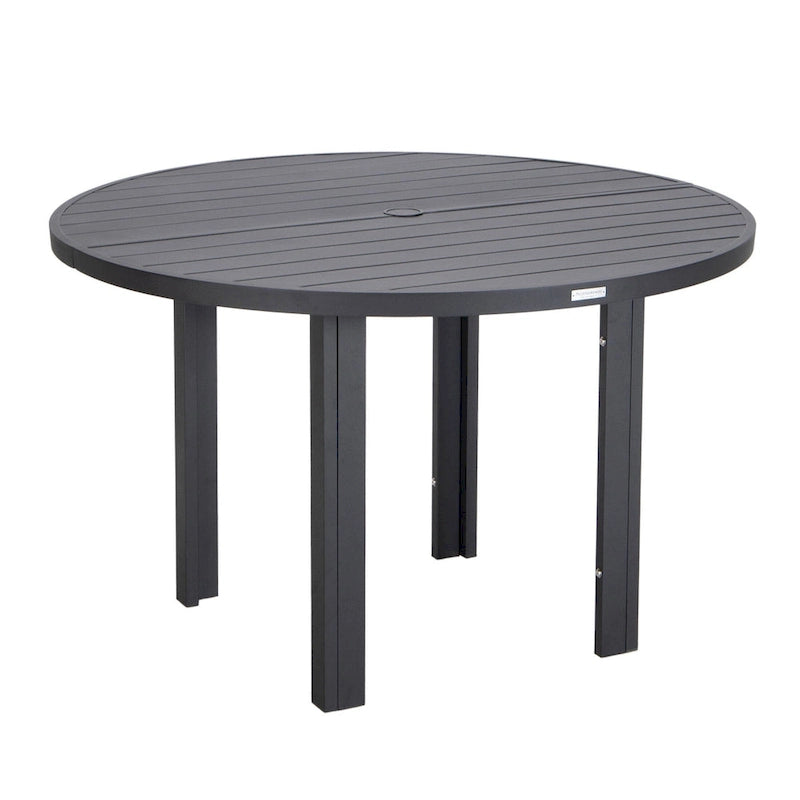 Round Dining Table Powder-Coated Aluminum Top with Slatted Design and Umbrella Hole for Family Gatherings & Parties
