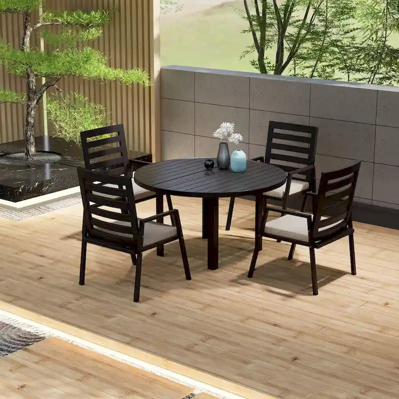 Round Dining Table Powder-Coated Aluminum Top with Slatted Design and Umbrella Hole for Family Gatherings & Parties