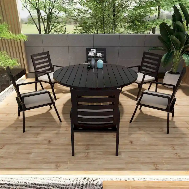 Round Dining Table Powder-Coated Aluminum Top with Slatted Design and Umbrella Hole for Family Gatherings & Parties