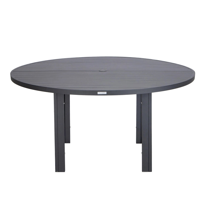 Round Dining Table Powder-Coated Aluminum Top with Slatted Design and Umbrella Hole for Family Gatherings & Parties