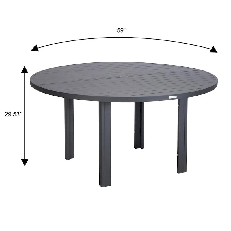 Round Dining Table Powder-Coated Aluminum Top with Slatted Design and Umbrella Hole for Family Gatherings & Parties
