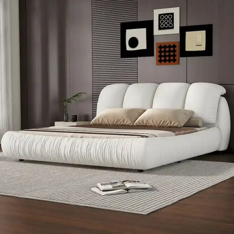 Luxury Upholstered Leather Bed with Thick Headboard