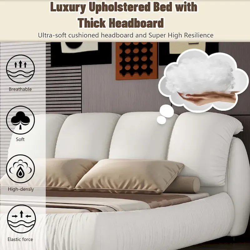 Luxury Upholstered Leather Bed with Thick Headboard
