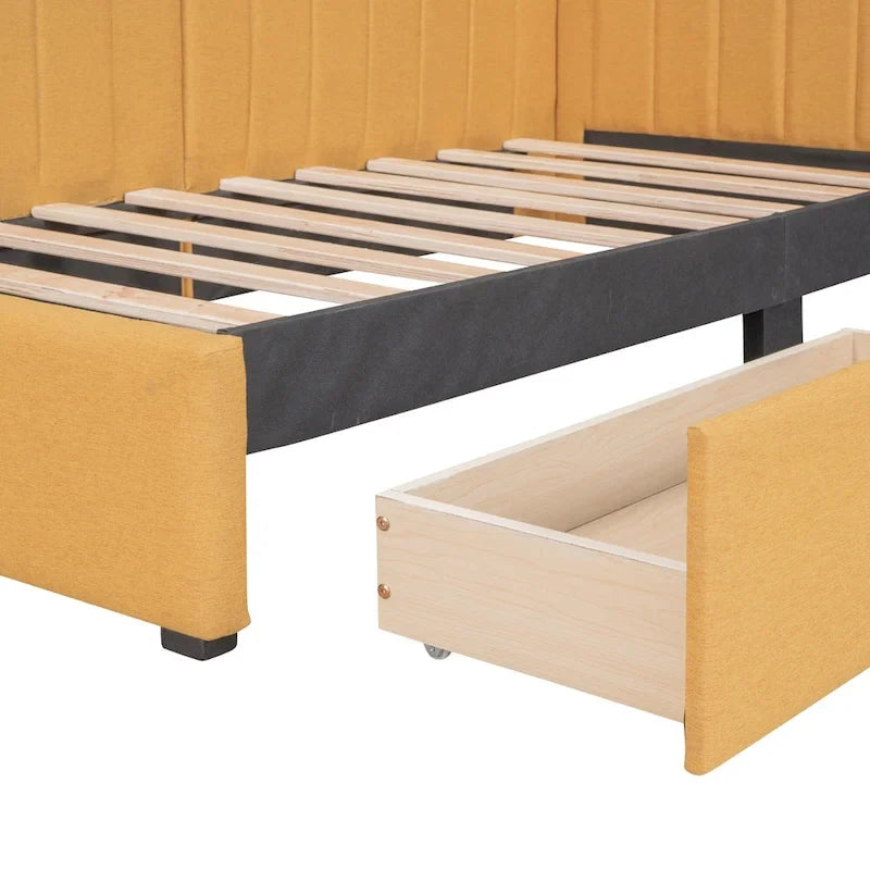 Yellow Linen Twin Upholstered Daybed with Storage Drawers - No Box Spring Required