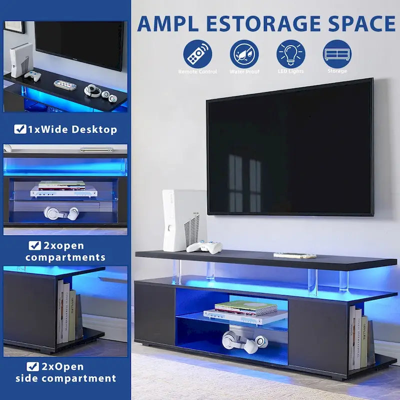 Black 51 TV Stand with LED & Open Storage for 70 TVs