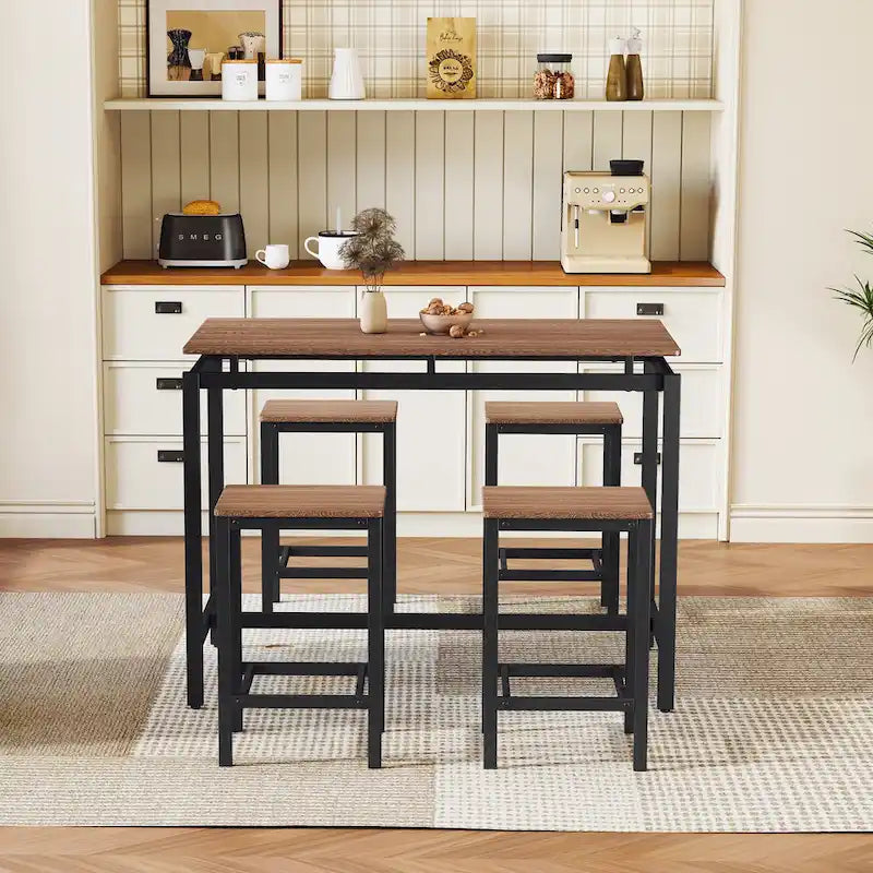 5-Piece Industrial Bar Table Set with Rectangular Table & 4 Chairs