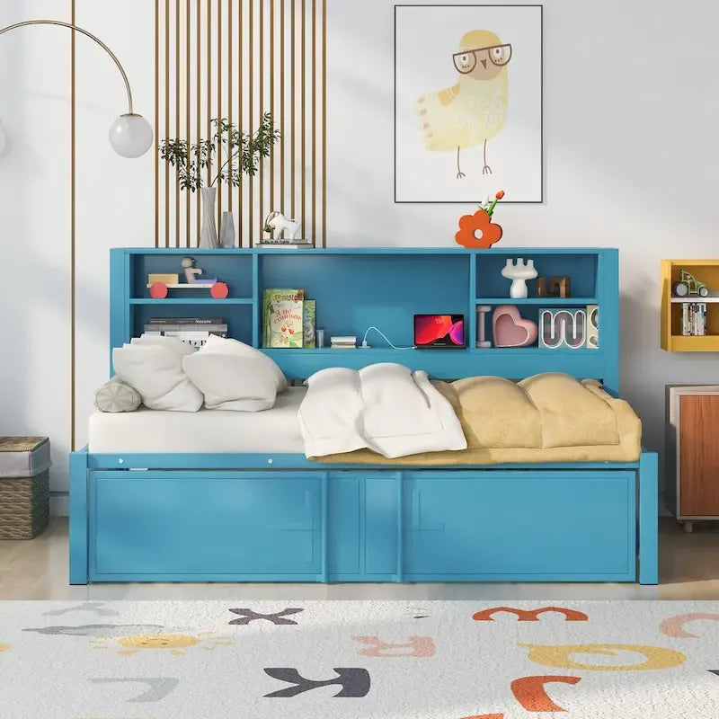 Blue Metal Twin Daybed with Trundle, Storage Shelves, and USB Ports - No Box Spring Needed