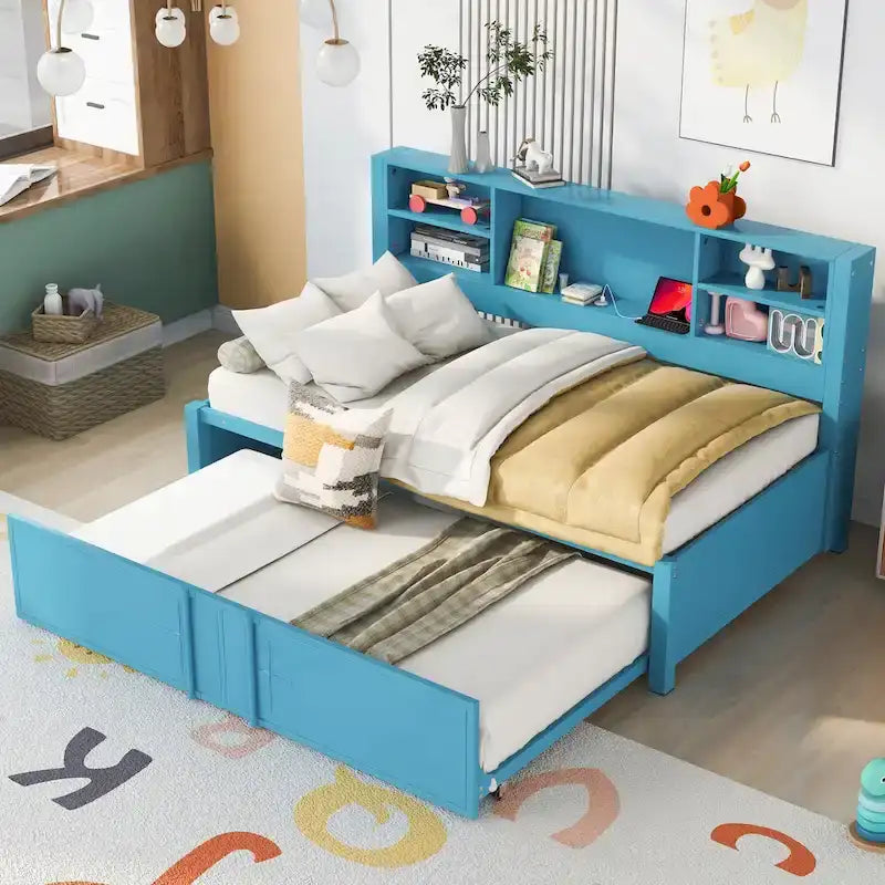 Blue Metal Twin Daybed with Trundle, Storage Shelves, and USB Ports - No Box Spring Needed