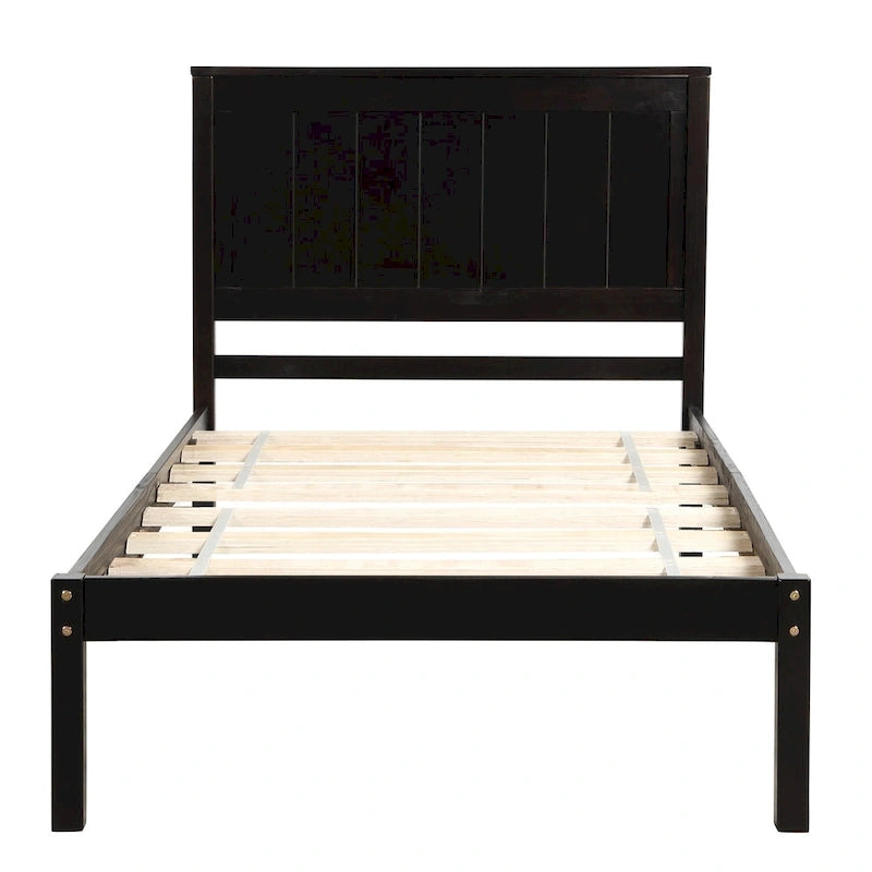 Black Pine Wood Twin Platform Bed Frame with Headboard - Wood Slat Support, No Box Spring Needed, Space-Saving Design
