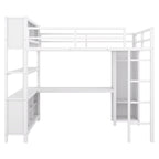 Off White Full Size Metal Loft Bed with Wardrobe, L-shaped Desk, and Storage Cubes