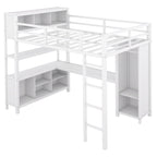Off White Full Size Metal Loft Bed with Wardrobe, L-shaped Desk, and Storage Cubes