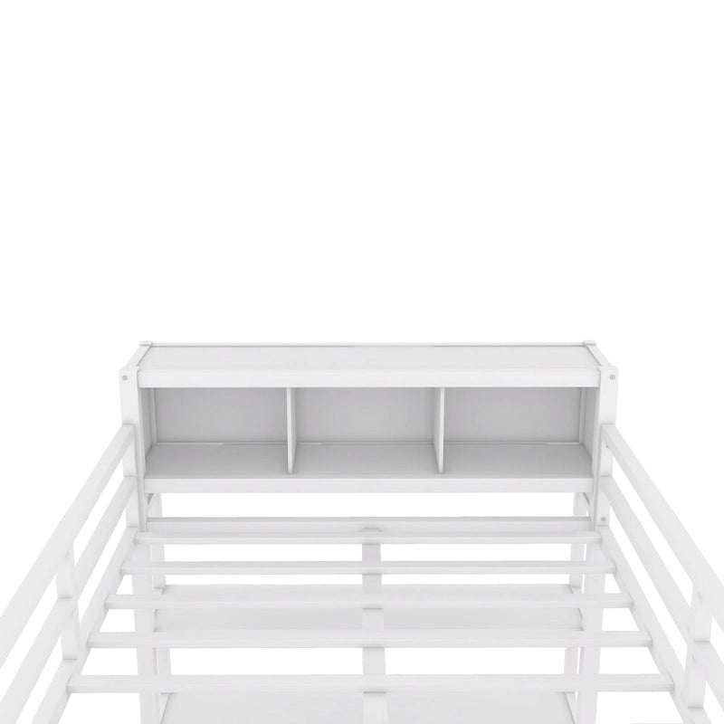 Off White Full Size Metal Loft Bed with Wardrobe, L-shaped Desk, and Storage Cubes