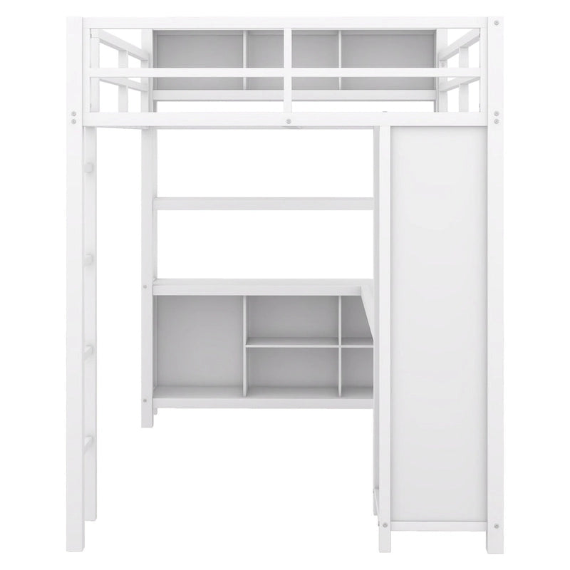Off White Full Size Metal Loft Bed with Wardrobe, L-shaped Desk, and Storage Cubes