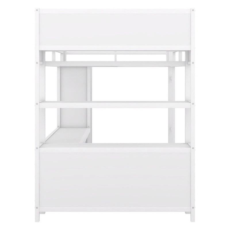 Off White Full Size Metal Loft Bed with Wardrobe, L-shaped Desk, and Storage Cubes