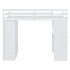White Full Size Solid Wood Loft Bed with large shelves, writing desk and LED Light for Bedroom