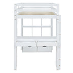 White Full Size Solid Wood Loft Bed with large shelves, writing desk and LED Light for Bedroom