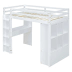 White Full Size Solid Wood Loft Bed with large shelves, writing desk and LED Light for Bedroom