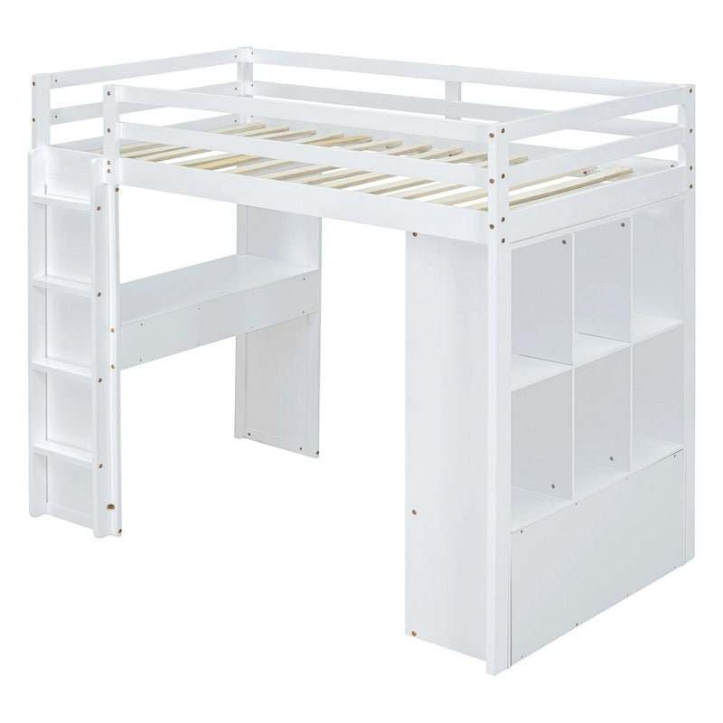 White Full Size Solid Wood Loft Bed with large shelves, writing desk and LED Light for Bedroom