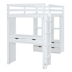 White Full Size Solid Wood Loft Bed with large shelves, writing desk and LED Light for Bedroom