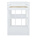 White Full Size Solid Wood Loft Bed with large shelves, writing desk and LED Light for Bedroom