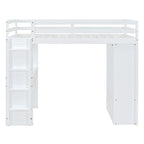 White Full Size Solid Wood Loft Bed with large shelves, writing desk and LED Light for Bedroom