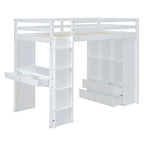 White Full Size Solid Wood Loft Bed with large shelves, writing desk and LED Light for Bedroom