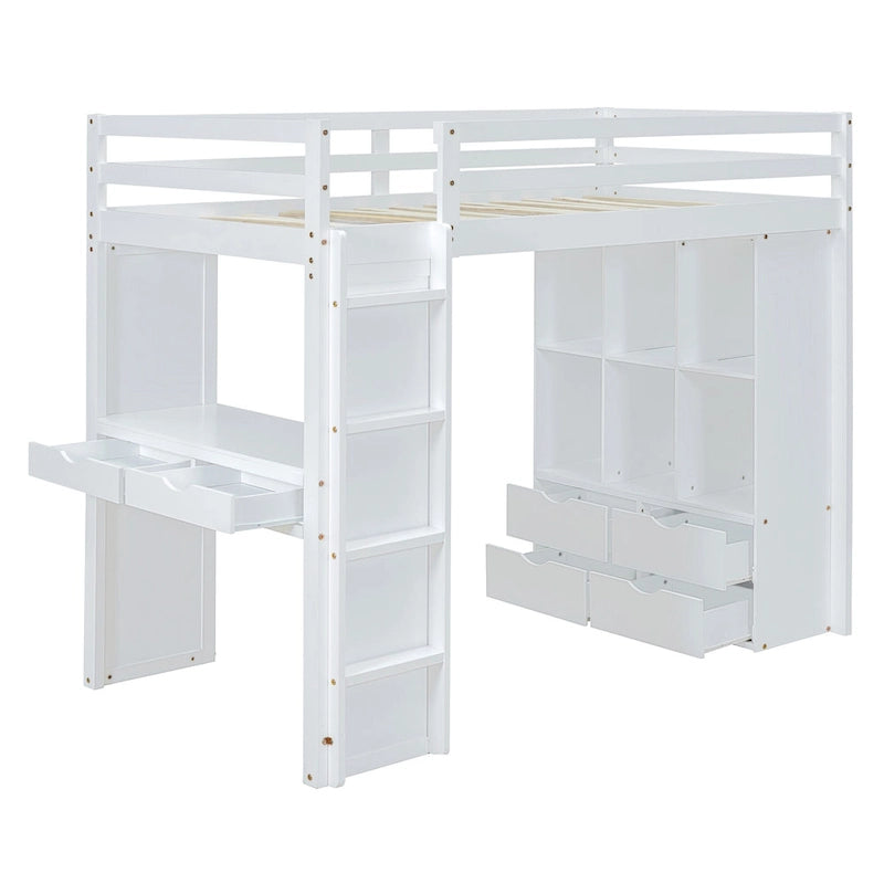 White Full Size Solid Wood Loft Bed with large shelves, writing desk and LED Light for Bedroom