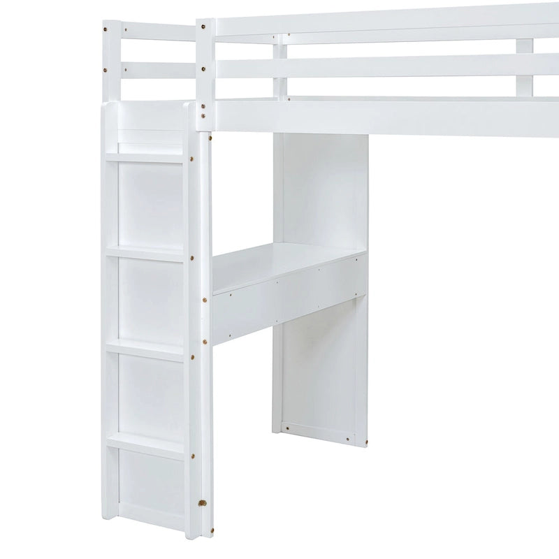 White Full Size Solid Wood Loft Bed with large shelves, writing desk and LED Light for Bedroom