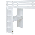 White Full Size Solid Wood Loft Bed with large shelves, writing desk and LED Light for Bedroom