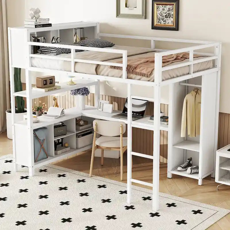 Off White Full Size Metal Loft Bed with Wardrobe And L-shaped Desk, Storage Cubes and Shelves for Kids, Teens, Adults