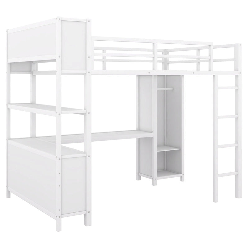Off White Full Size Metal Loft Bed with Wardrobe And L-shaped Desk, Storage Cubes and Shelves for Kids, Teens, Adults