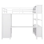 Off White Full Size Metal Loft Bed with Wardrobe And L-shaped Desk, Storage Cubes and Shelves for Kids, Teens, Adults