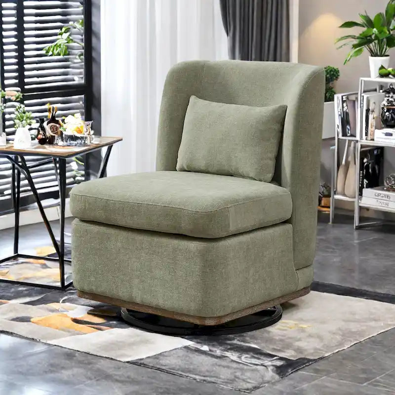 Chenille 360 Swivel Armless Chair with Metal Base, High-Density Foam Cushion, and Included Pillow