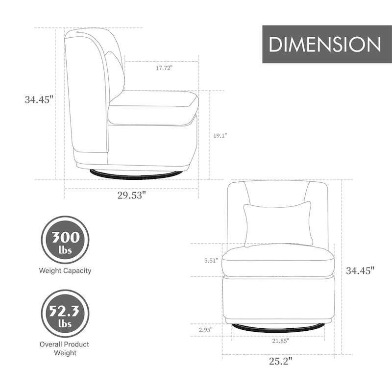 Chenille 360 Swivel Armless Chair with Metal Base, High-Density Foam Cushion, and Included Pillow