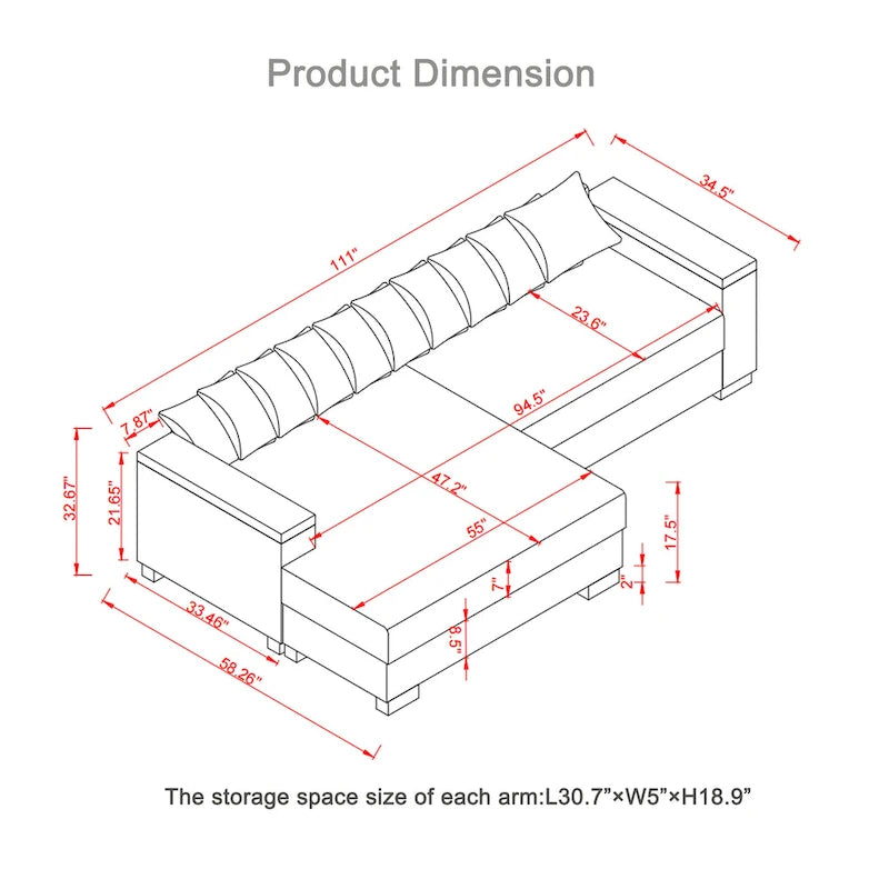 111 Corduroy L-Shaped Sectional Sofa with Convertible Chaise & Storage Arms