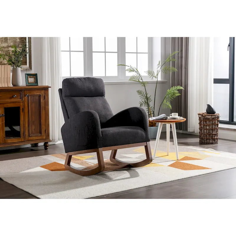 Modern 27 Upholstered Rocking Chair with Wood Legs and Side Pocket