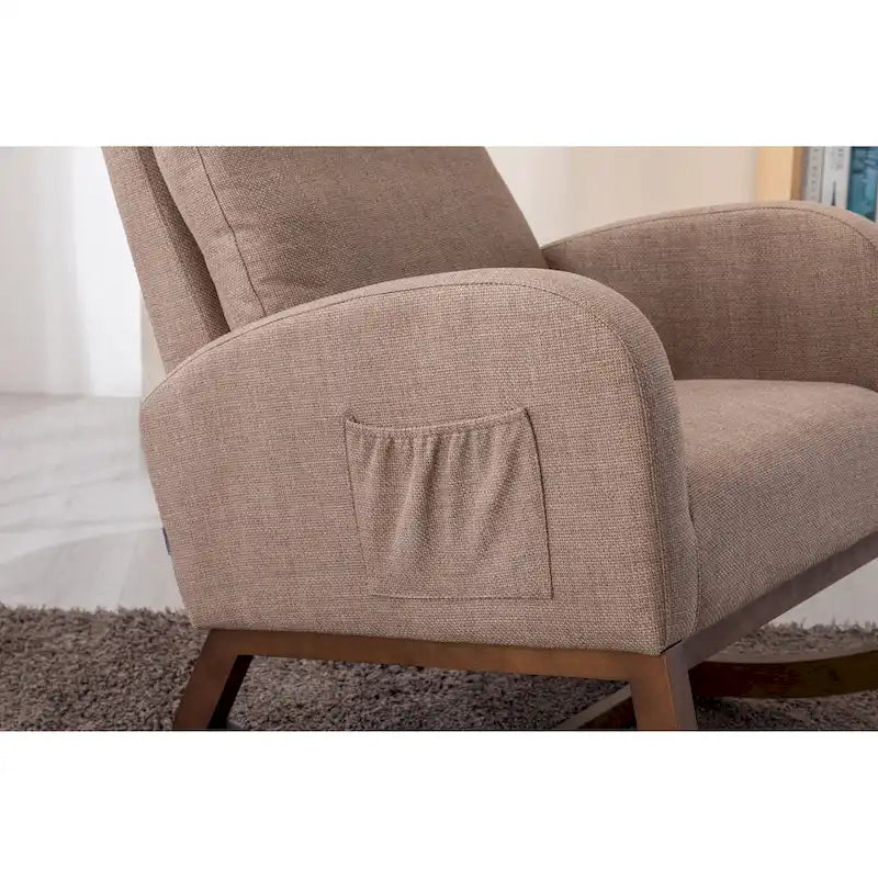 Modern 27 Upholstered Rocking Chair with Wood Legs and Side Pocket