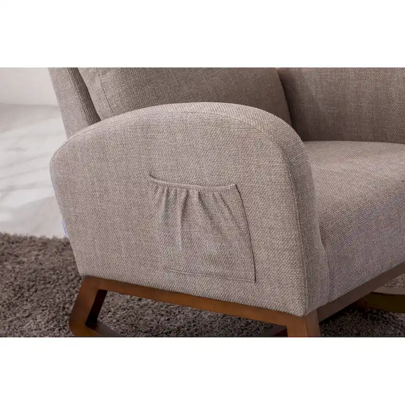 Modern 27 Upholstered Rocking Chair with Wood Legs and Side Pocket