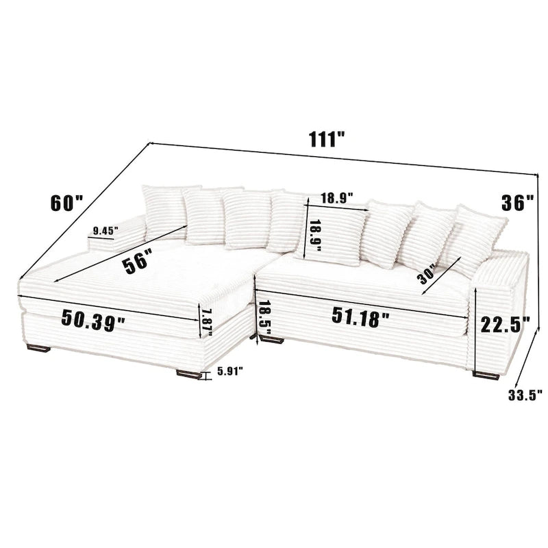 111 Corduroy L-Shaped Sectional Sofa with Left Chaise & 8 Pillows