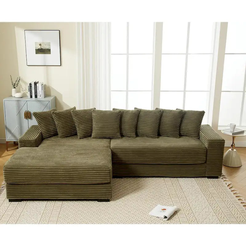 111 Corduroy L-Shaped Sectional Sofa with Left Chaise & 8 Pillows