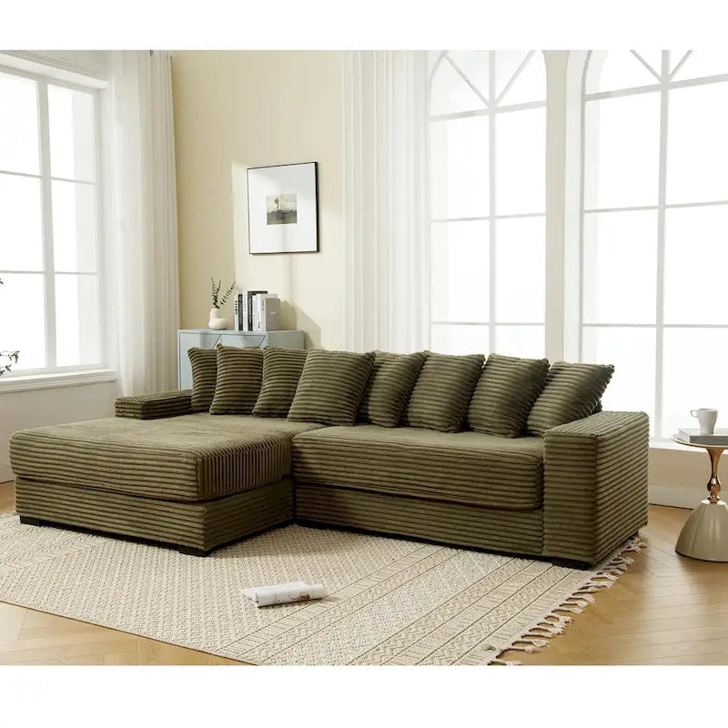 111 Corduroy L-Shaped Sectional Sofa with Left Chaise & 8 Pillows