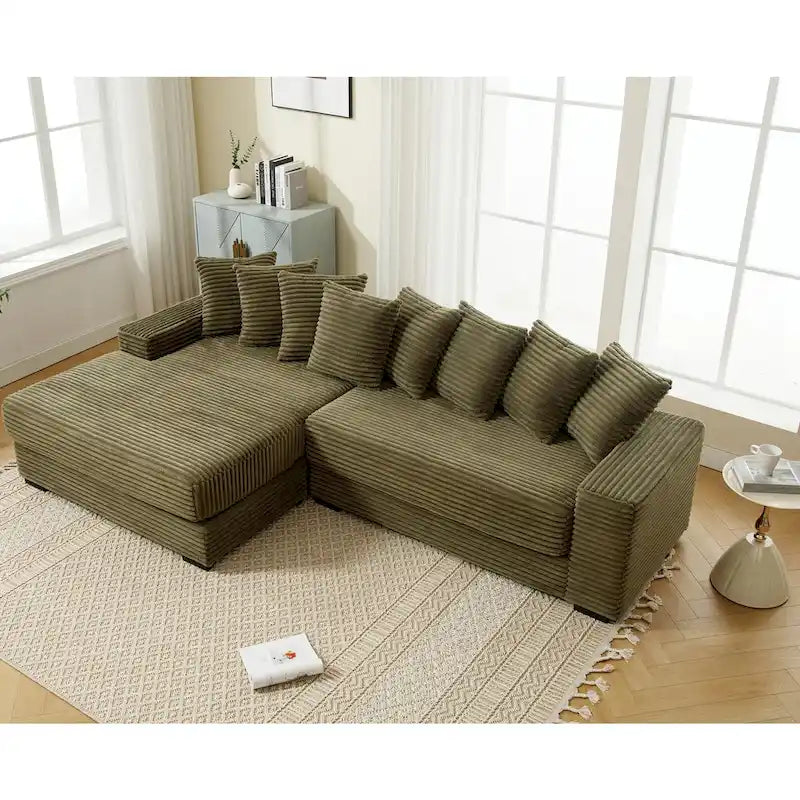111 Corduroy L-Shaped Sectional Sofa with Left Chaise & 8 Pillows