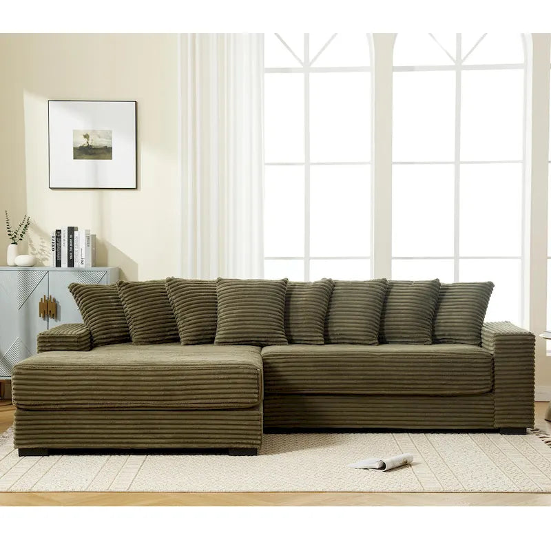 111 Corduroy L-Shaped Sectional Sofa with Left Chaise & 8 Pillows