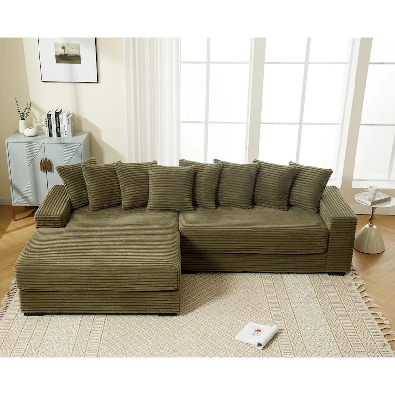 111 Corduroy L-Shaped Sectional Sofa with Left Chaise & 8 Pillows