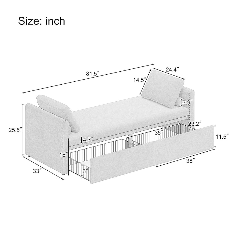 Pink Modern 81.5 Linen Upholstered Chaise Lounger Daybed with Pillows and 2 Drawers for Living Room