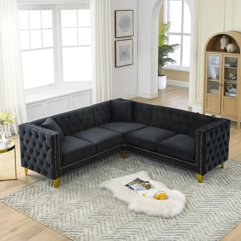 Black 82.2 Velvet Chesterfield L-Shaped 5-Seater Sectional Sofa with Nailhead Trim, Metal Legs, and Tufted Cushions